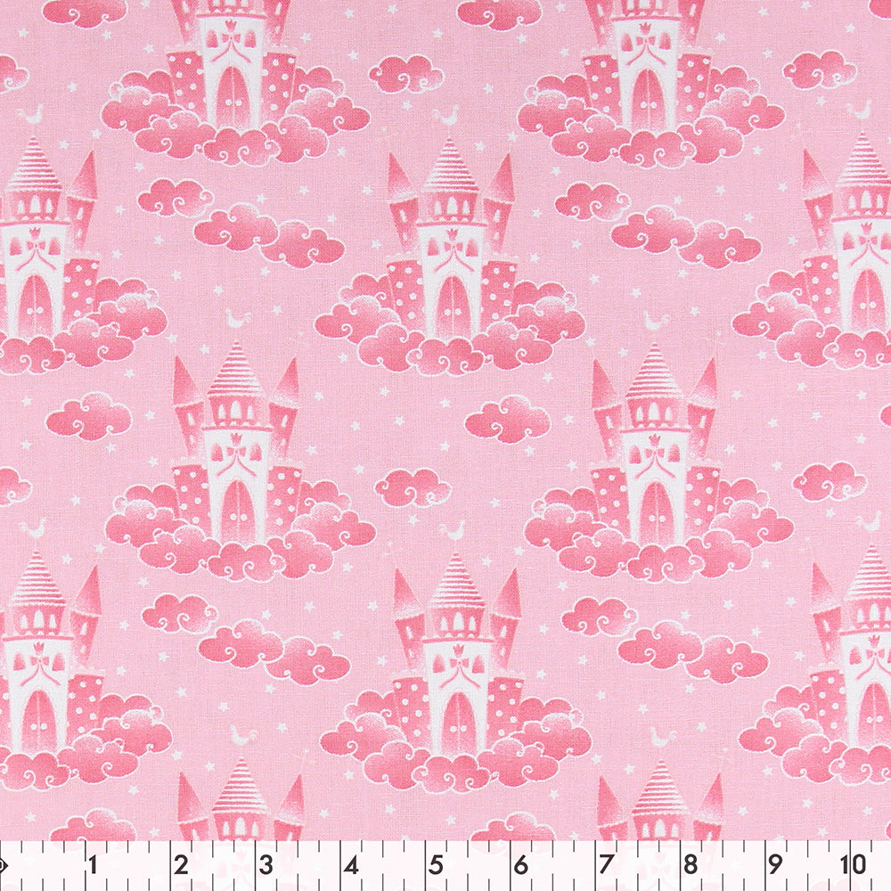 FABRIC CREATIONS 42" × 8 yd Cotton Fabric Bolt — Pink with White Stars and White and Dark Pink Castles