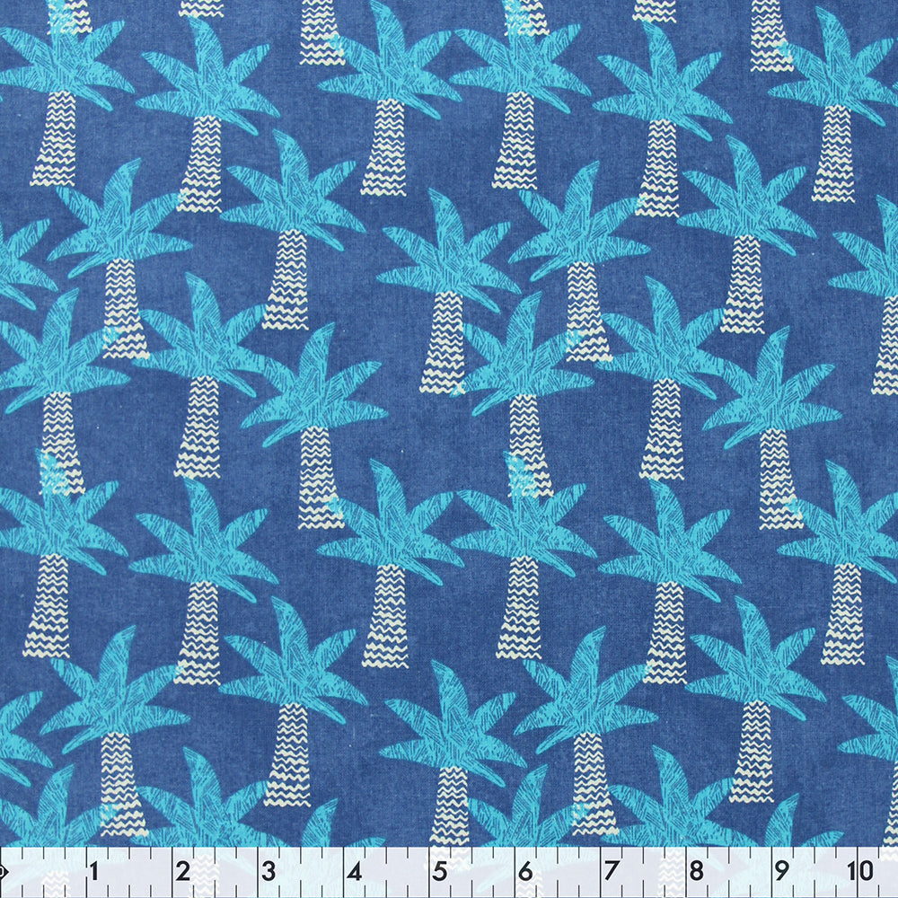 FABRIC CREATIONS 42" × 8 yd Cotton Fabric Bolt — Cobalt Blue with Aquamarine Palm Trees