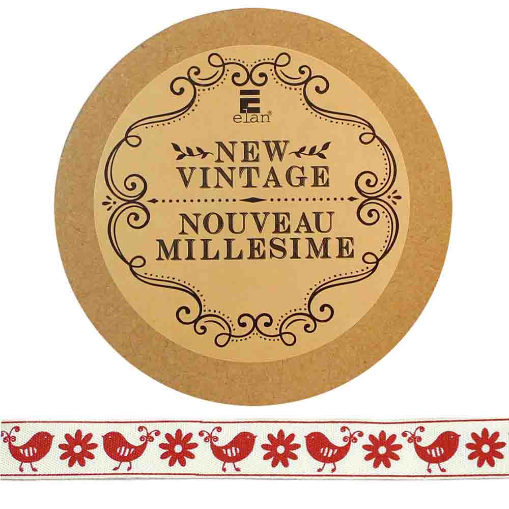 ELAN Cotton Ribbon - Birds & Flowers - 15mm x 5m (5/8" x 5 1/2") - Red