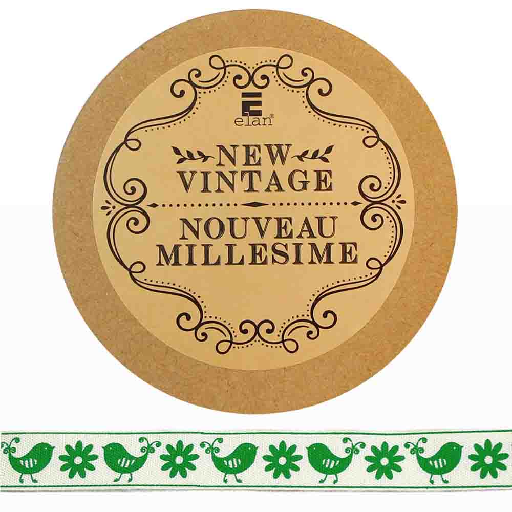 ELAN Cotton Ribbon - Birds & Flowers - 15mm x 5m (5/8" x 5 1/2") - Green
