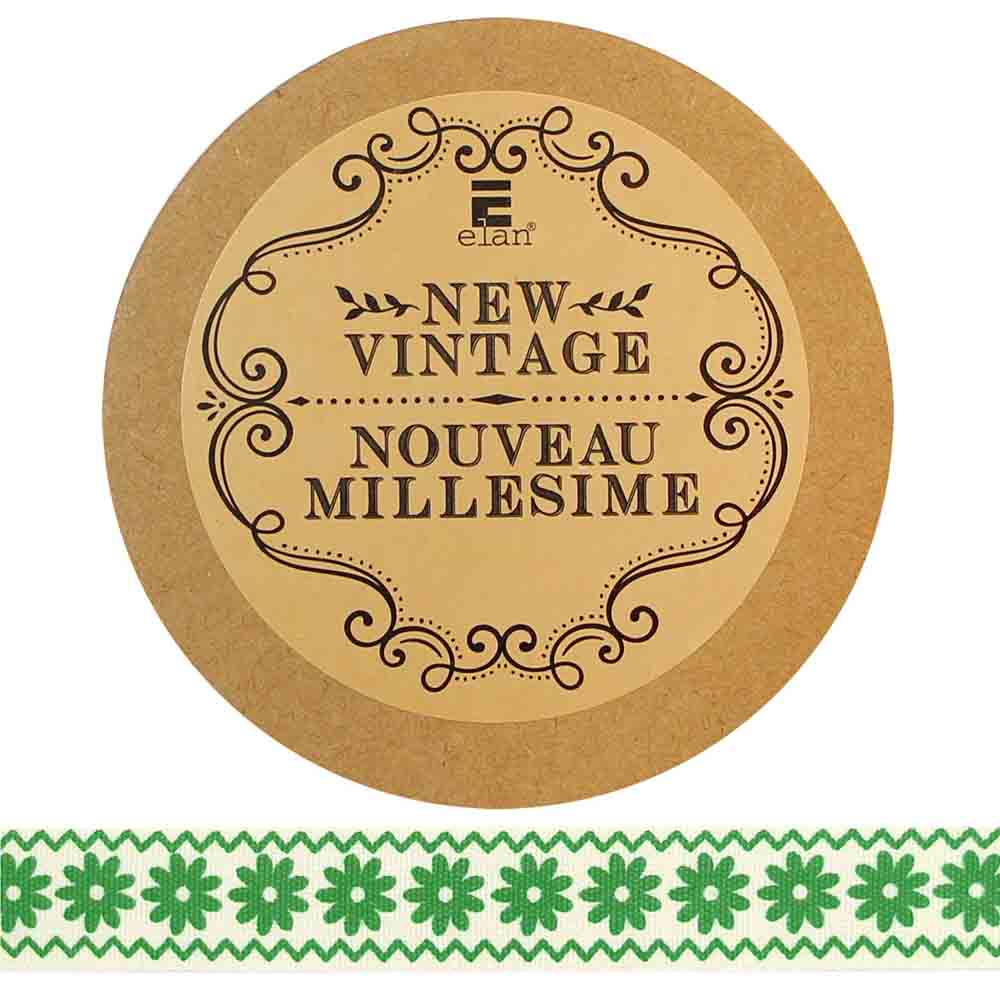 ELAN Cotton Ribbon - Daisies & Zigzags - 15mm x 5m (5/8" x 5 1/2") - Green