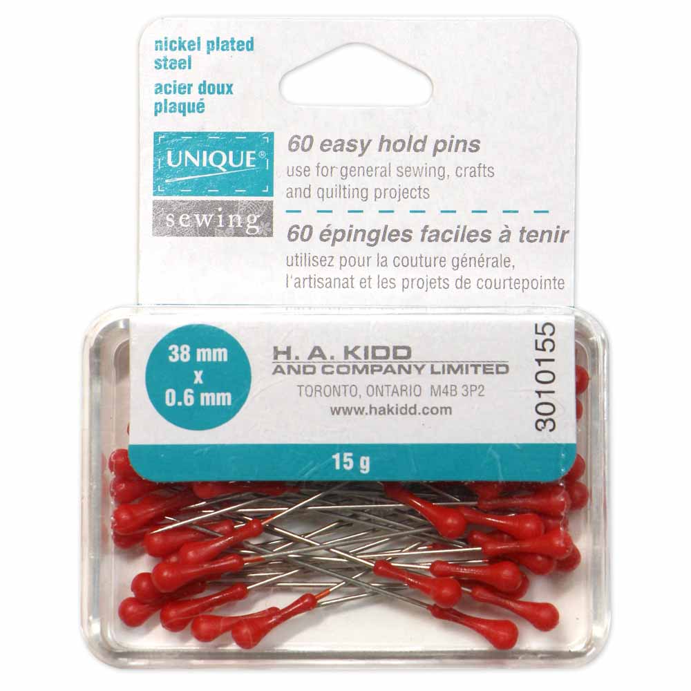 UNIQUE SEWING 60 Easy Hold Pins – Red – 60 pcs – 38mm (1 1/2")