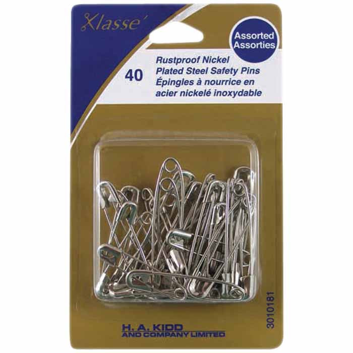 KLASSE Nickel Plated Steel Safety Pins Assorted Sizes 1–2 40 Pack
