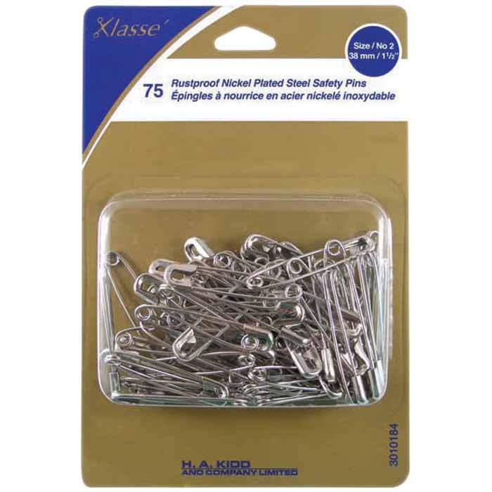 KLASSE Nickel Plated Steel Safety Pins 38 mm Size 2 75 Pack