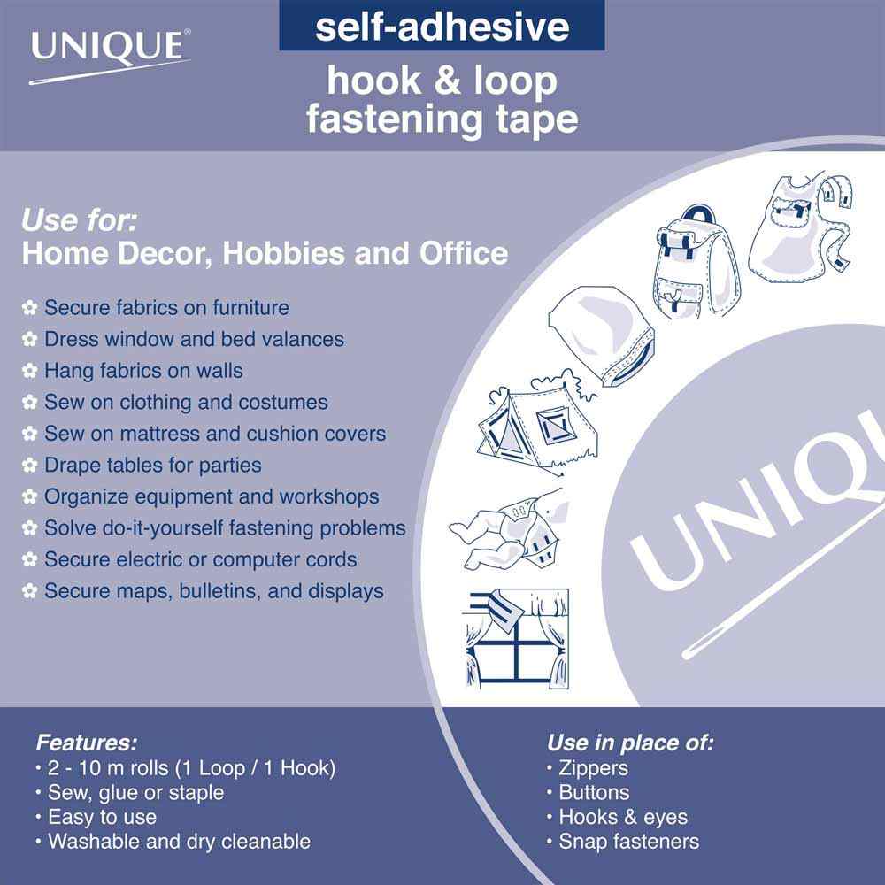 UNIQUE Hook & Loop Tape, No‑Sew – 25mm x 10m (1" x 11 yd) – Black