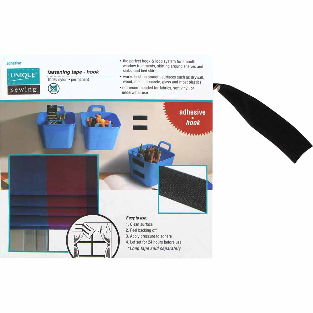 UNIQUE SEWING No‑Sew Hook Side Tape — Black — 25 mm x 10 m (Adhesive)