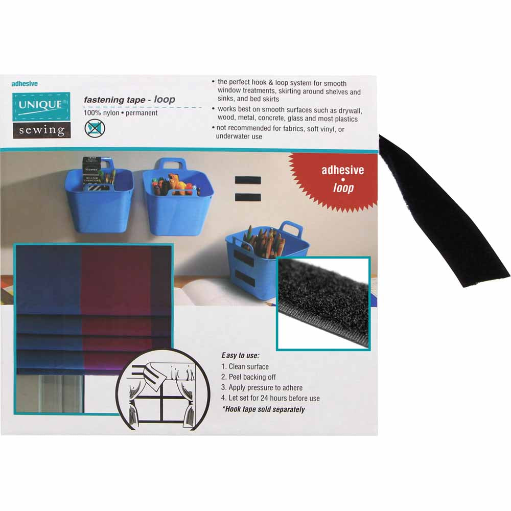 UNIQUE SEWING No‑Sew Loop Side Tape — Black — 25 mm x 10 m (Adhesive)