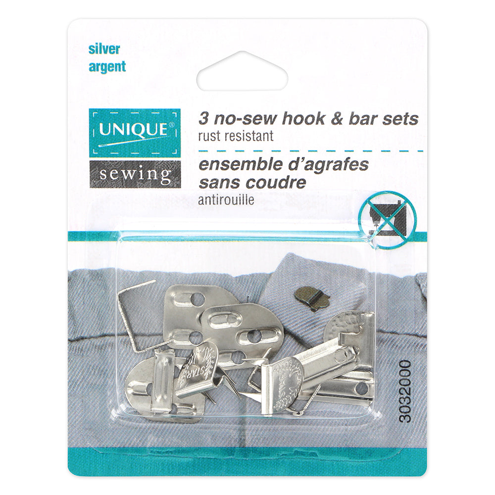 UNIQUE No‑Sew Hook & Bar Sets – Silver, 3 Sets