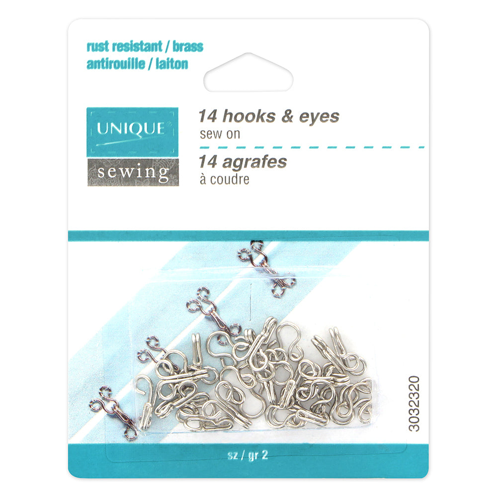 UNIQUE SEWING Hooks & Eyes — Size 2, Silver, 14 Sets