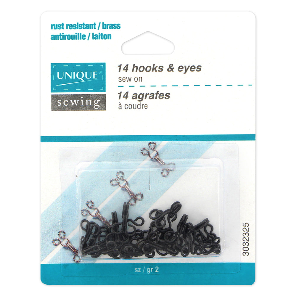 UNIQUE SEWING Hooks & Eyes — Size 2, Black, 14 Sets