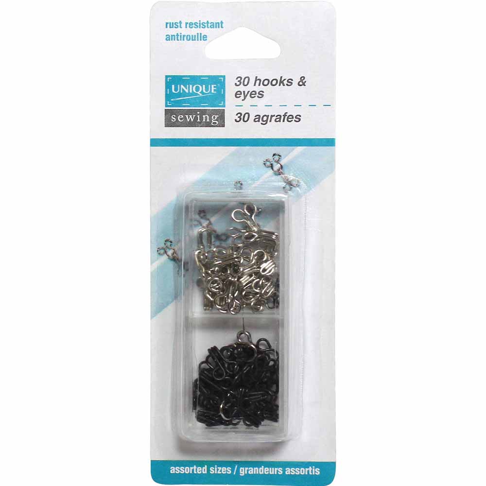 UNIQUE SEWING Hooks & Eyes — Assorted Sizes, 30 Sets