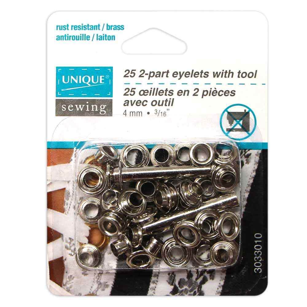 UNIQUE SEWING 2‑Part Eyelets with Tool – Silver, 4 mm (1/8"), 25 sets