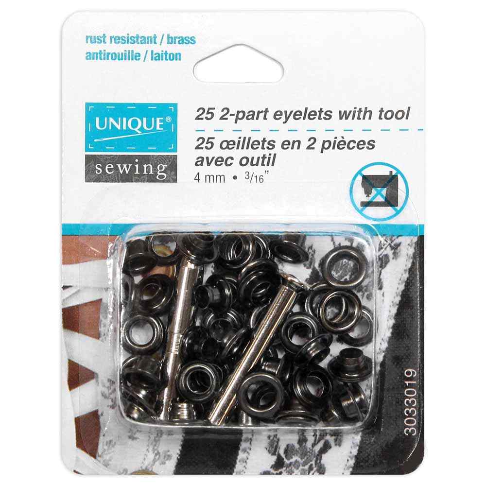 UNIQUE SEWING 2‑Part Eyelets with Tool – 4mm (3/16") – Gunmetal – 25 pcs