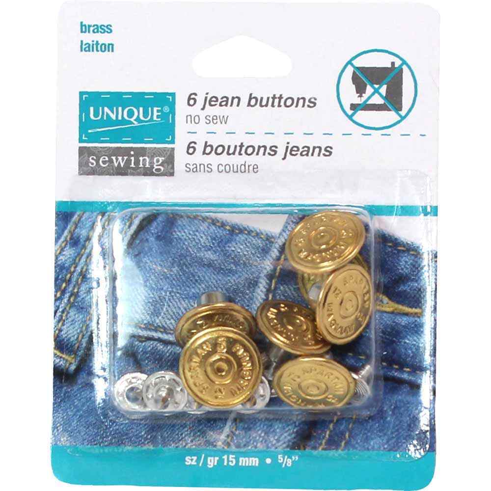 UNIQUE SEWING Jean Buttons – No‑Sew Tack – 15 mm (5/8") – Gold – 6 Pcs