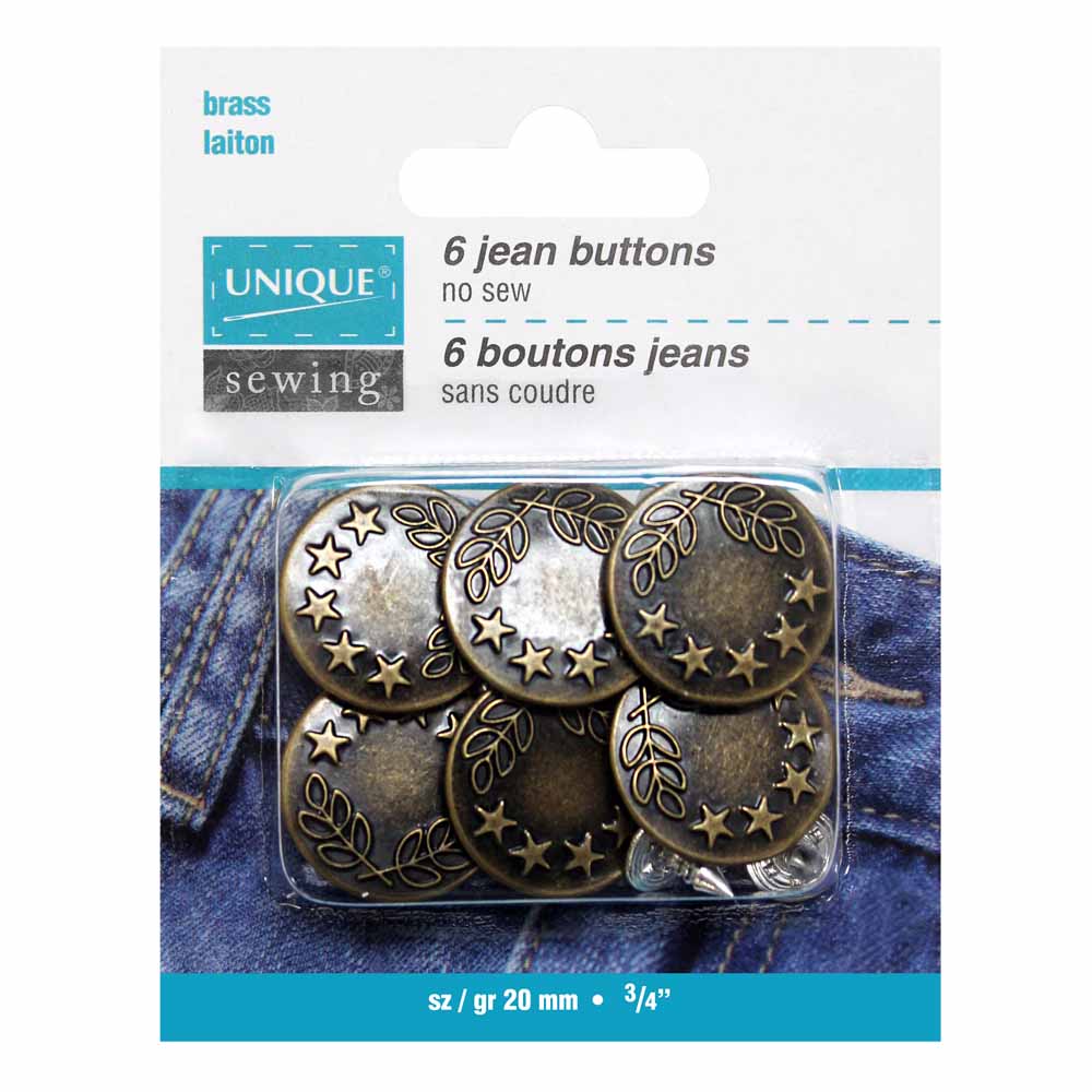 UNIQUE SEWING Jean Buttons — No‑Sew, Antique Brass 5 Stars, 20 mm (3/4″), 6 pcs