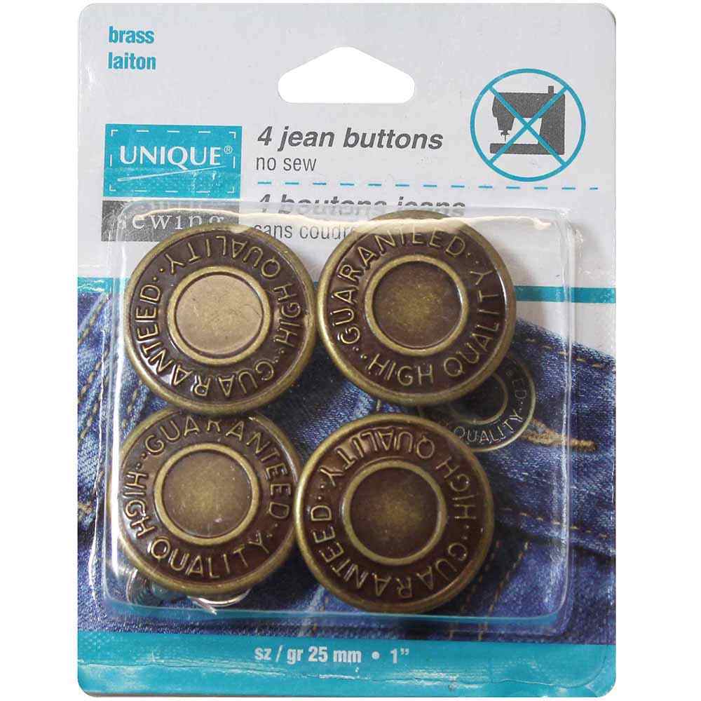 UNIQUE SEWING Jean Buttons — No‑Sew, Antique Brass, 25 mm (1″), 4 pcs