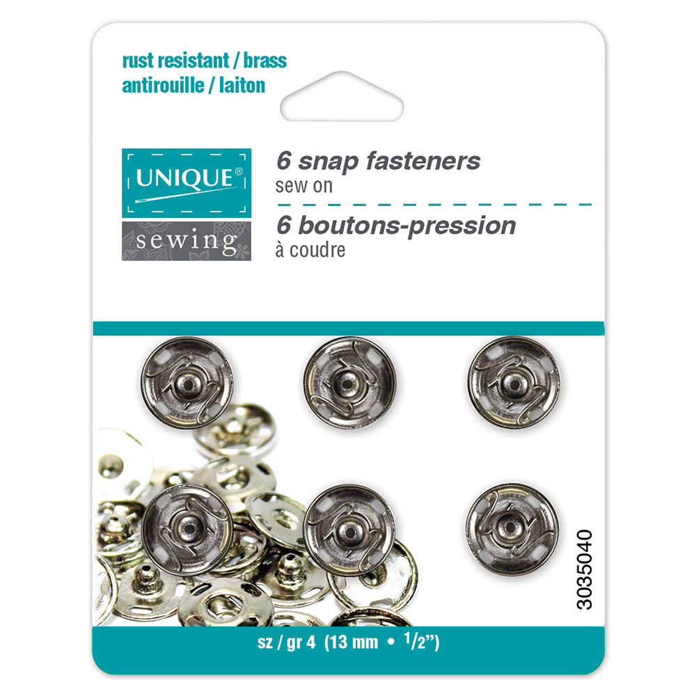 UNIQUE SEWING Snap Fasteners — Nickel, Size 4 / 13 mm (½″), 6 Sets