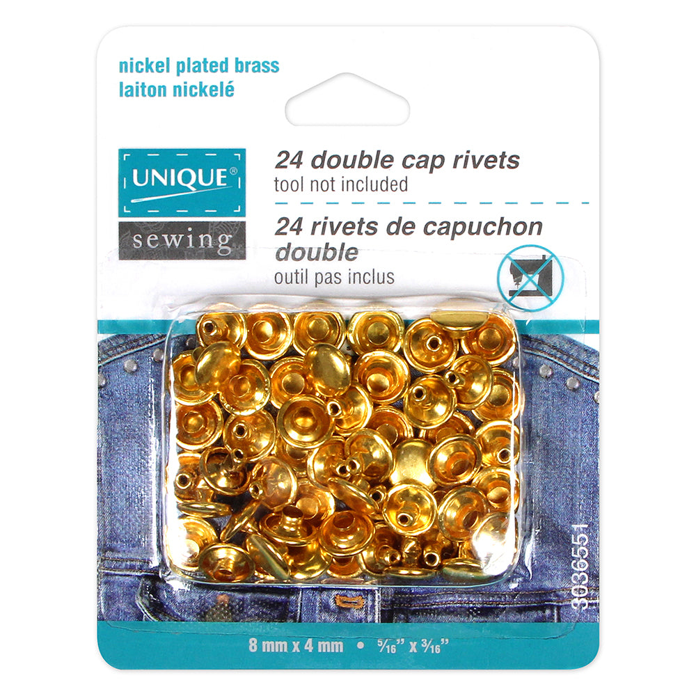 UNIQUE SEWING Double‑Cap Rivets – 8mm × 4mm (5/16 × 3/16) – Gold – 24 pcs