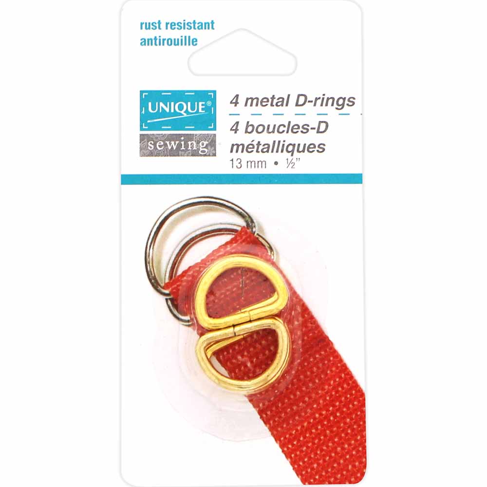 UNIQUE SEWING Metal D‑Rings — Gold, 13 mm (1/2″), 4 pcs