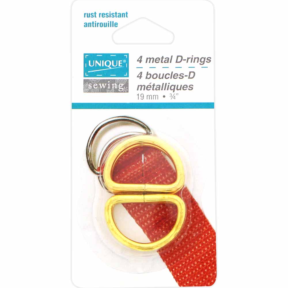 UNIQUE SEWING Metal D‑Rings — Gold, 19 mm (3/4″), 4 pcs