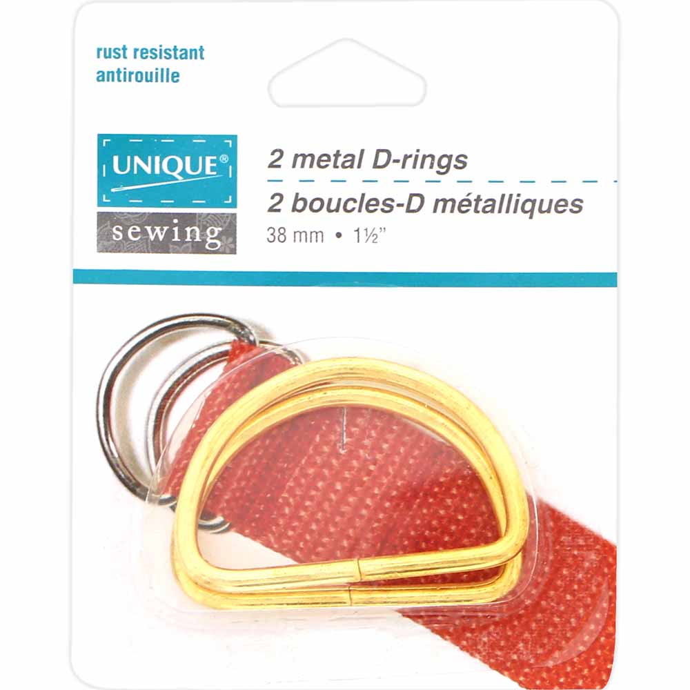 UNIQUE SEWING Metal D‑Rings — Gold, 38 mm (1 1/2″), 2 pcs