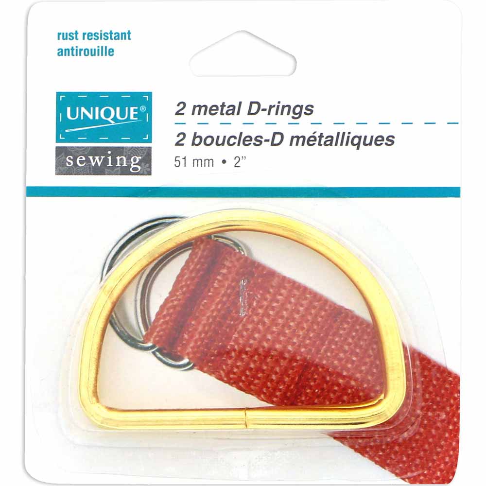 UNIQUE SEWING Metal D‑Rings – 51 mm (2") – Gold – 2 Pcs