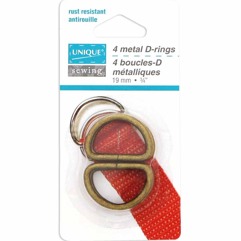 UNIQUE SEWING Metal D‑Rings – 19 mm (3/4") – Antique Gold – 4 Pcs