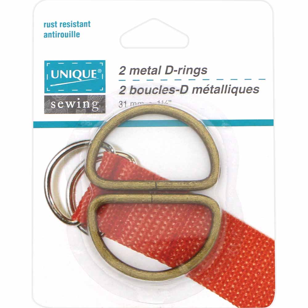 UNIQUE SEWING Metal D‑Rings – 31 mm (1 1/4") – Antique Gold – 2 Pcs