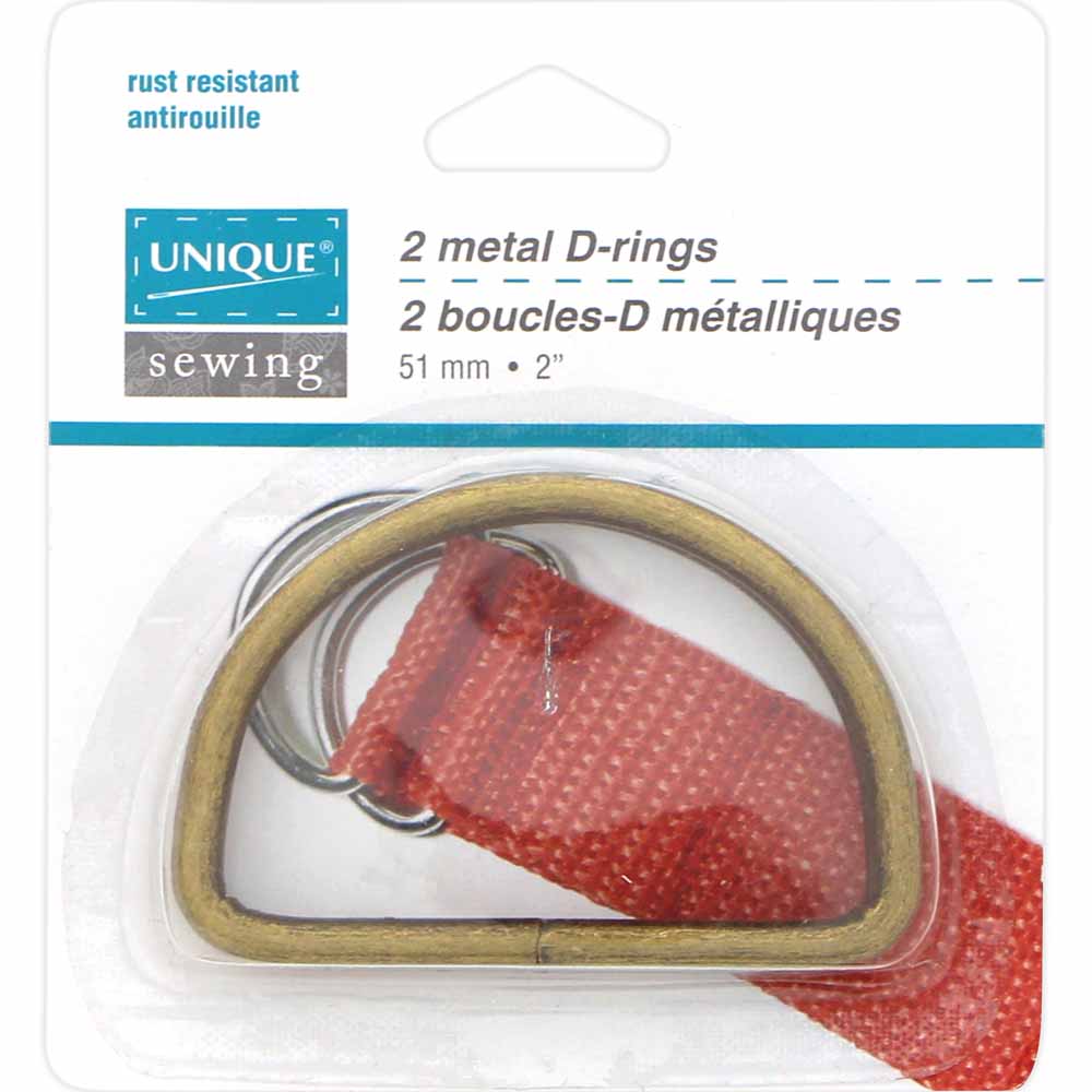 UNIQUE SEWING Metal D‑Rings – 51 mm (2") – Antique Gold – 2 Pcs