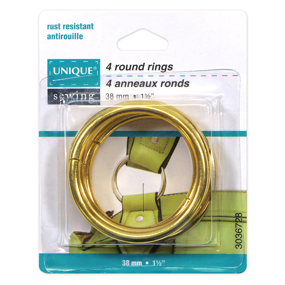 UNIQUE SEWING Round Rings – 38mm (1 1/2") – Gold – 4 pcs