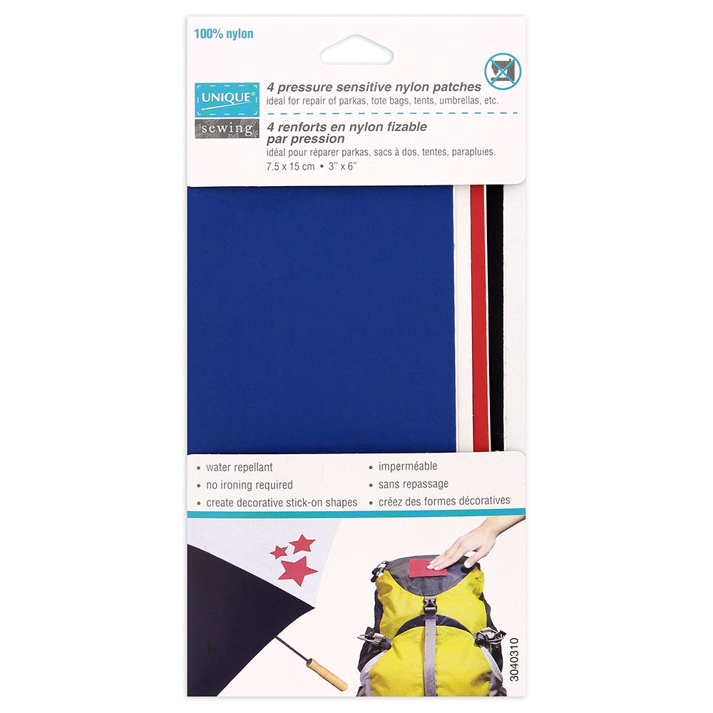 UNIQUE SEWING Nylon Patches — Assorted Basic Colours, 10 × 15 cm (4″ × 6″), 4 pcs