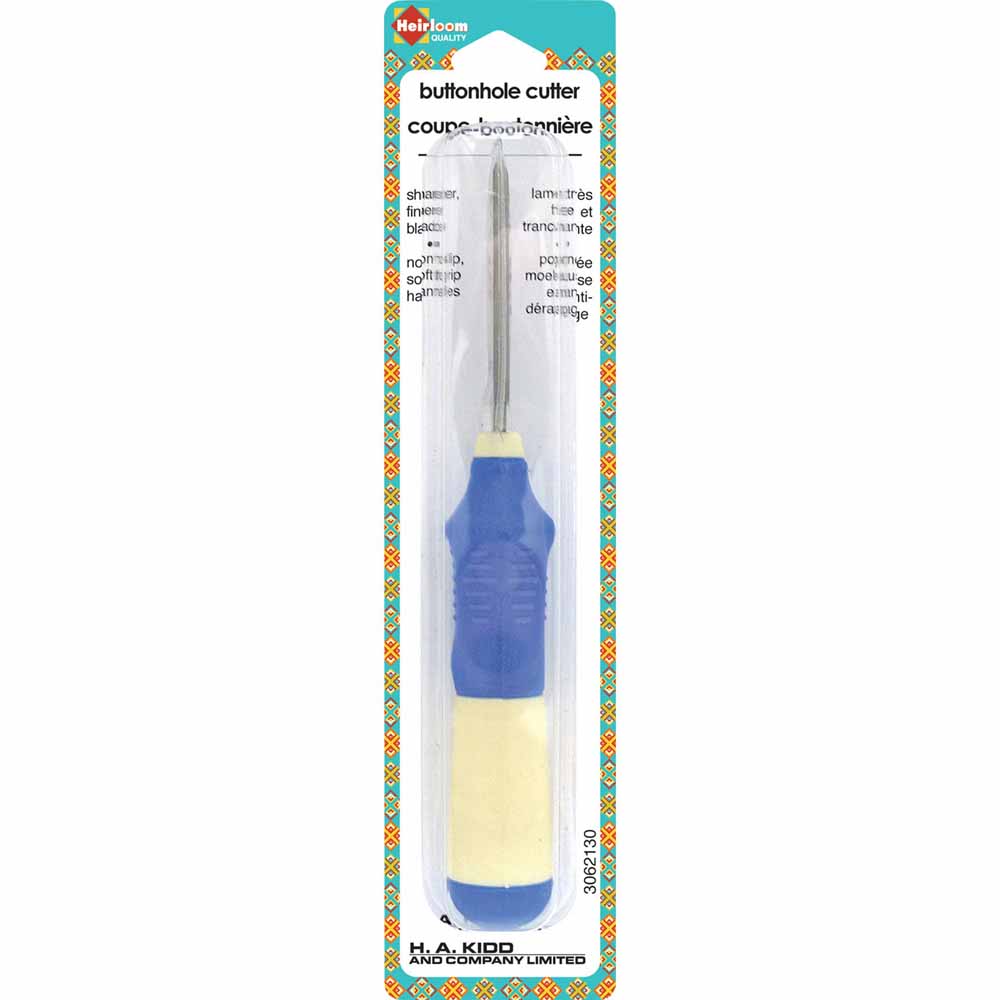 HEIRLOOM Buttonhole Cutter — Extra‑Large Comfort Grip — Blue and Cream