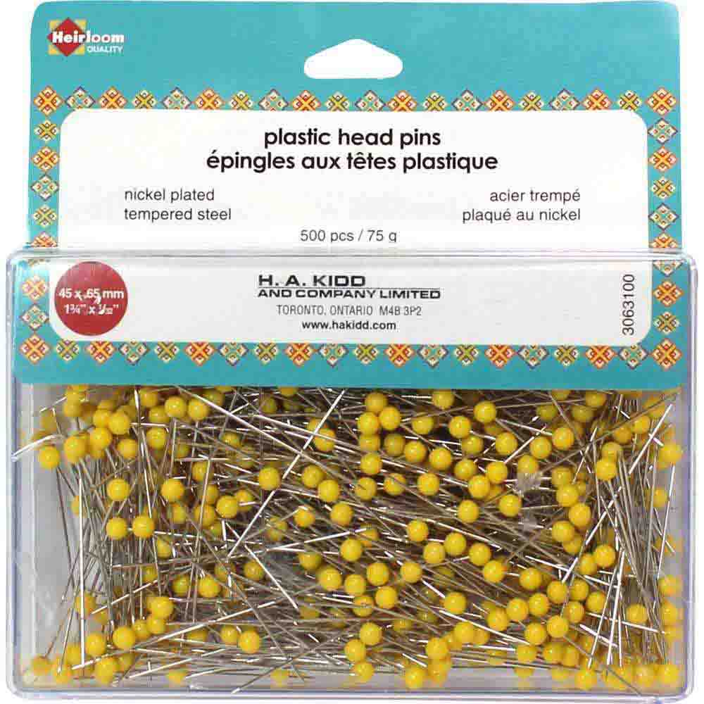 HEIRLOOM Quilting Plastic Head Pins – Yellow, 500‑Pack, 45 mm (1¾″)