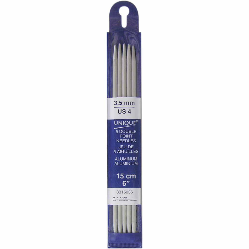 UNIQUE KNITTING Double Point Needles — 15 cm (6″) Aluminum, 3.5 mm (US 4) — Set of 5