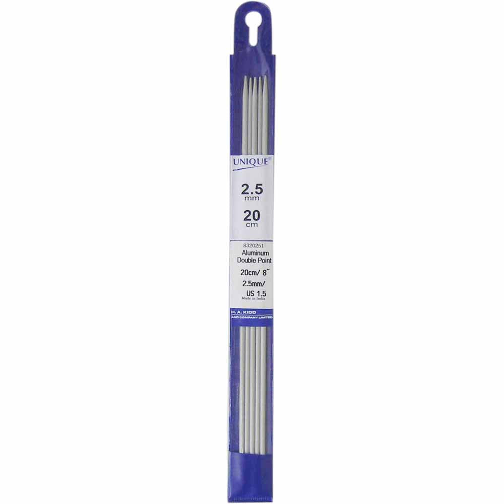 UNIQUE KNITTING Double Point Needles — 20 cm (8″) Aluminum, 2.5 mm — Set of 5