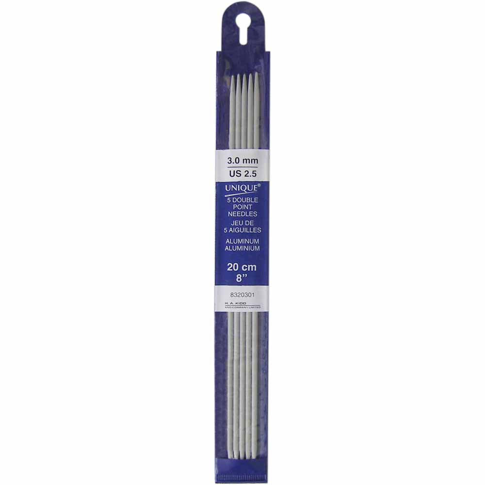 UNIQUE KNITTING Double Point Needles — 20 cm (8″) Aluminum, 3 mm (US 2) — Set of 5