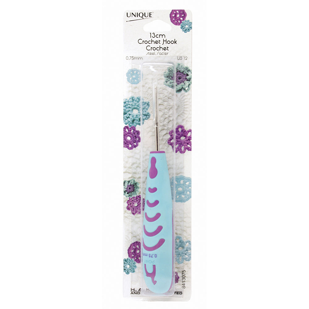 UNIQUE Crochet Soft‑Handle Steel Crochet Hook, 13 cm – 0.75 mm, Steel
