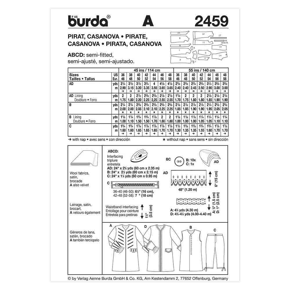 BURDA Men's Pirate Costume Sewing Pattern 2459