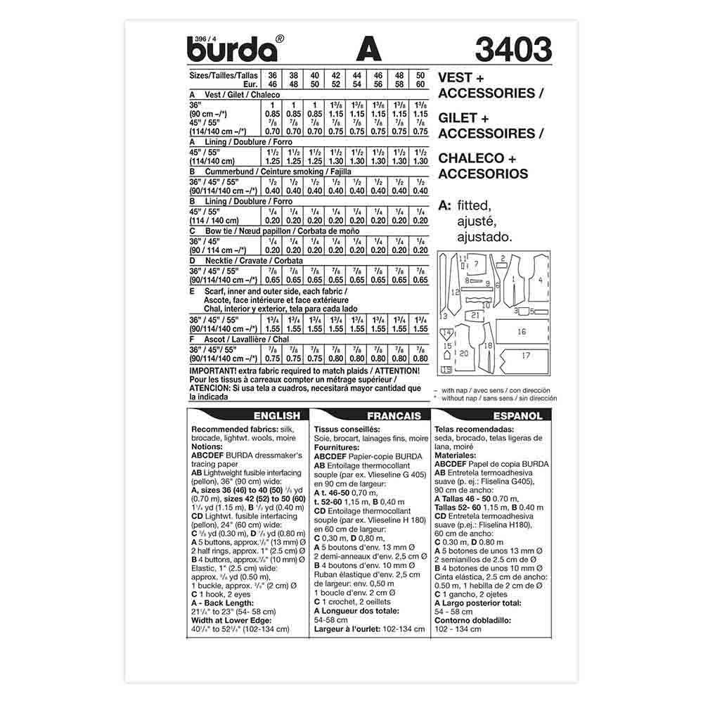 BURDA Men's Waistcoat & Accessories Sewing Pattern 3403