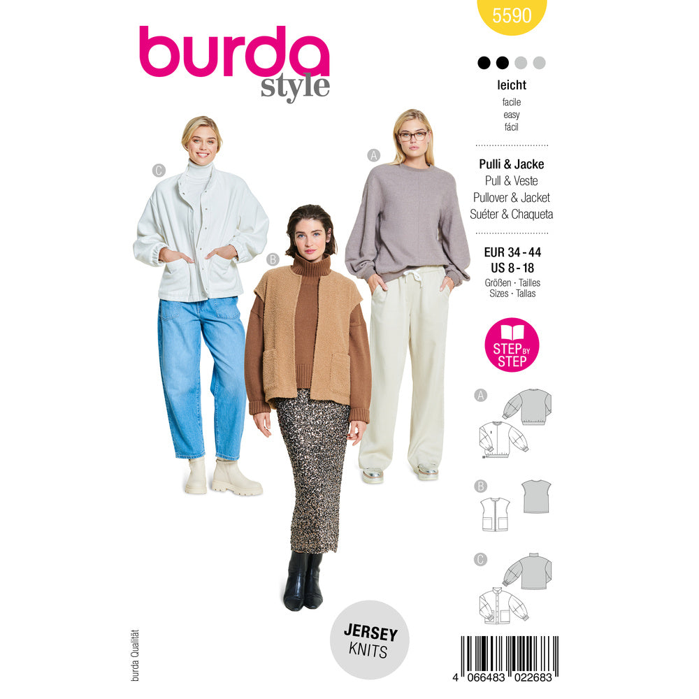 BURDA STYLE 5590 Misses' Sweater, Vest & Jacket Sewing Pattern, Sizes 8-18