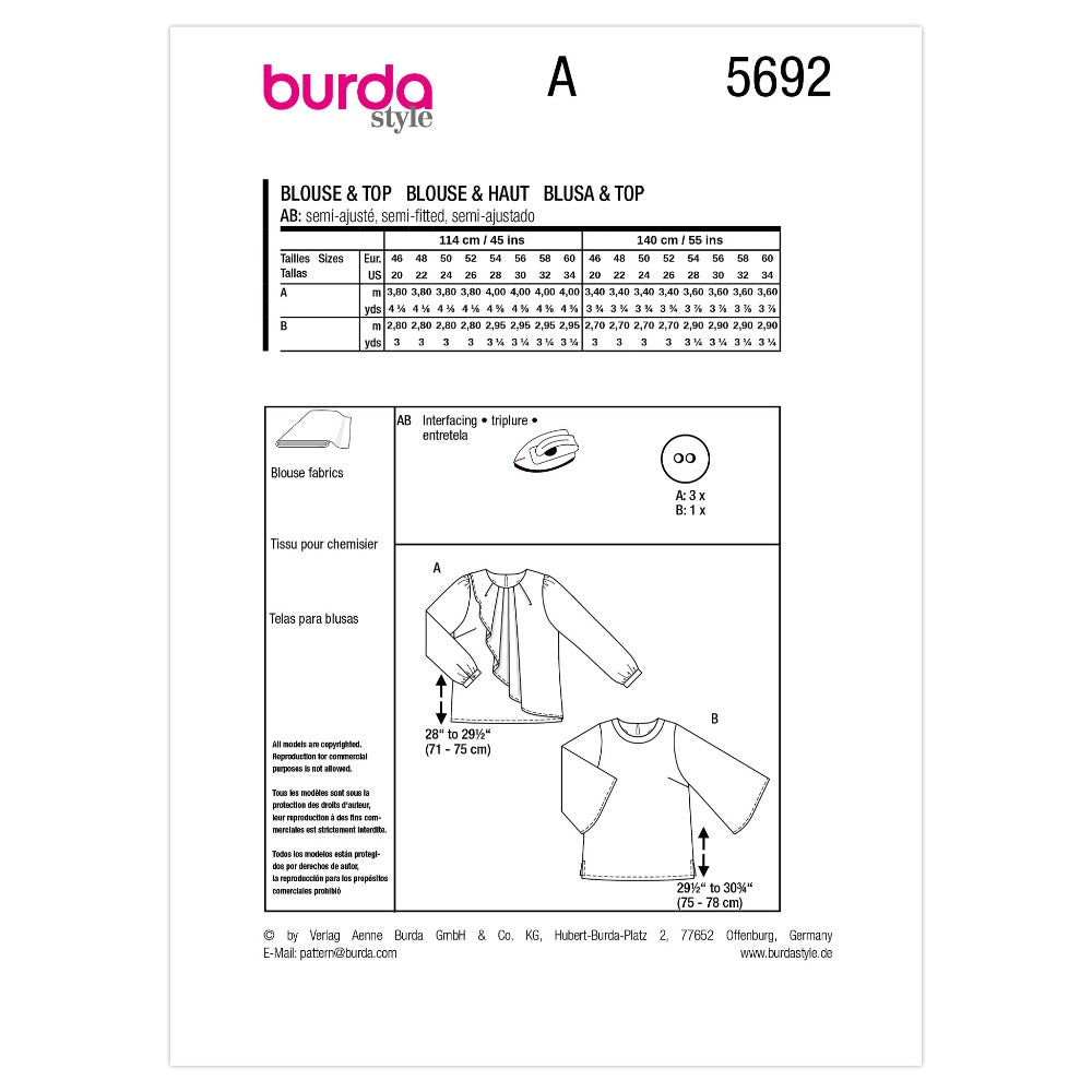 BURDA Blouse & Shirt Sewing Pattern 5692