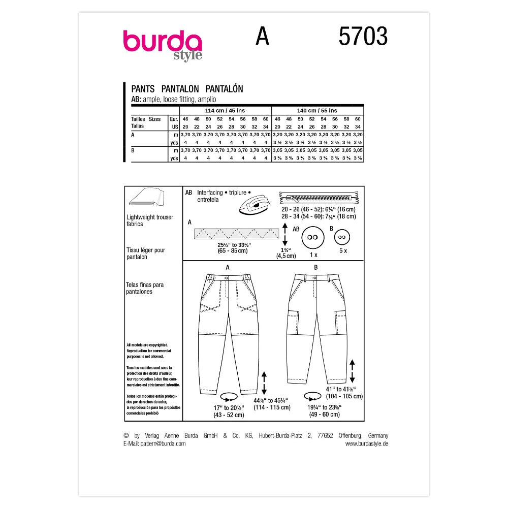 BURDA Sewing Pattern 5703 Cargo & Barrel Trousers (Paper)