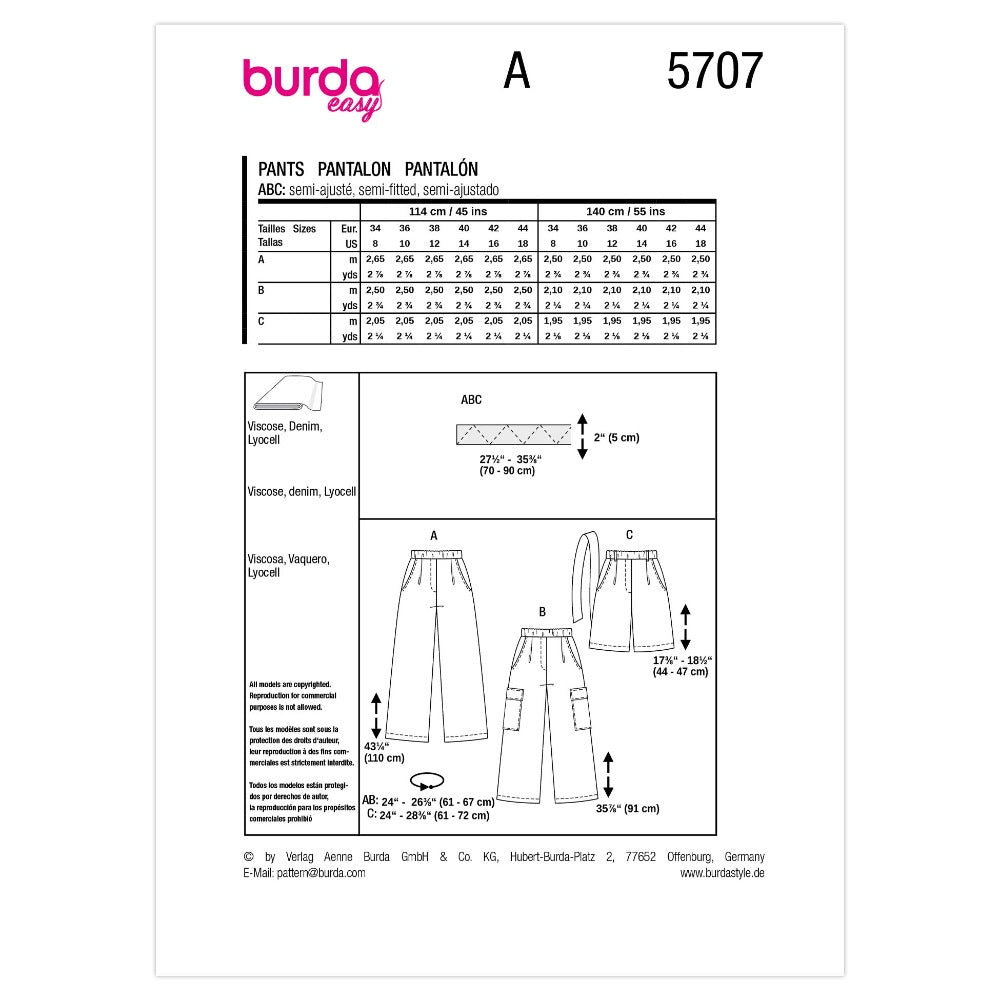 BURDA Sewing Pattern 5707 Trousers, 3 Variations (Paper)