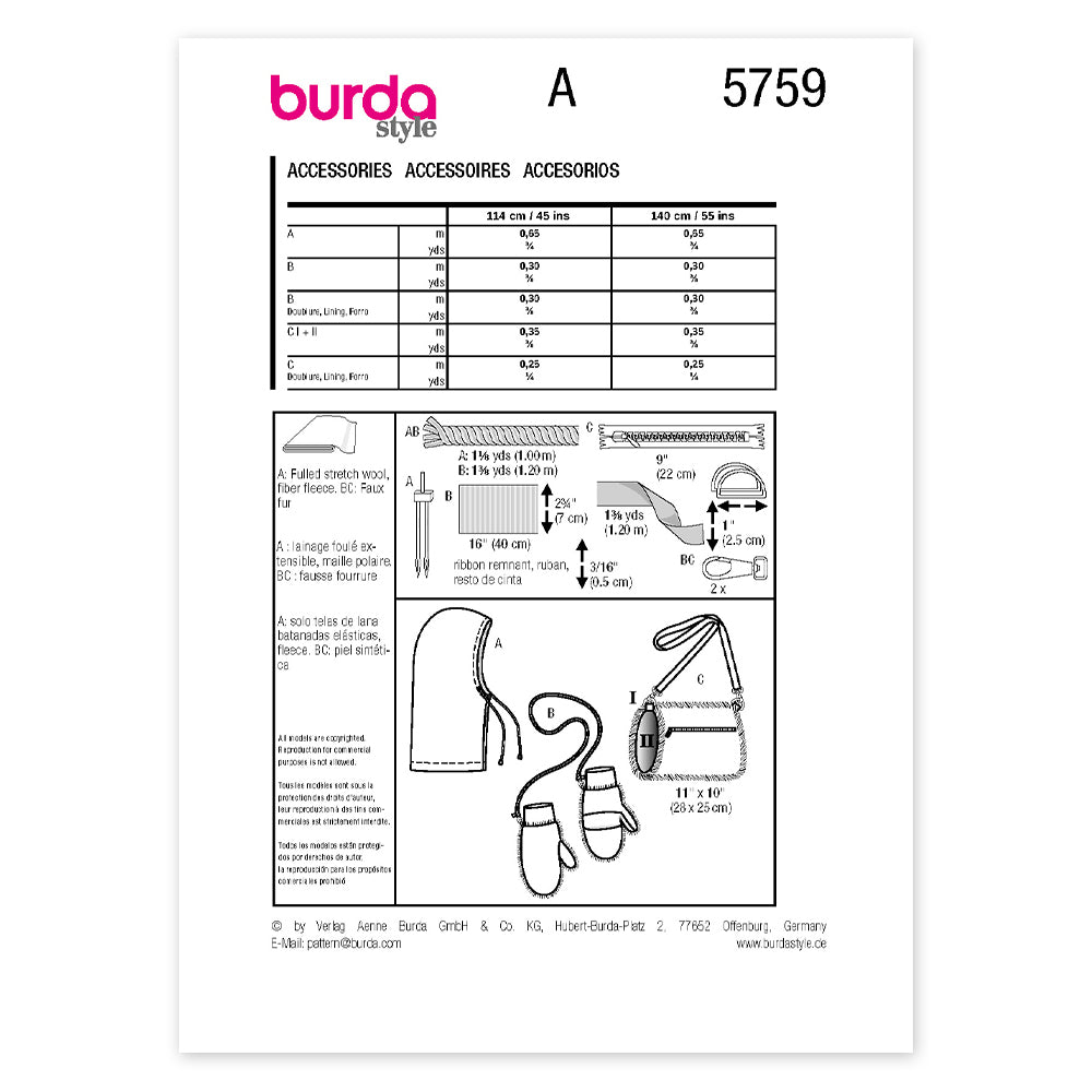 BURDA Envelope Sewing Pattern 5759 Accessories
