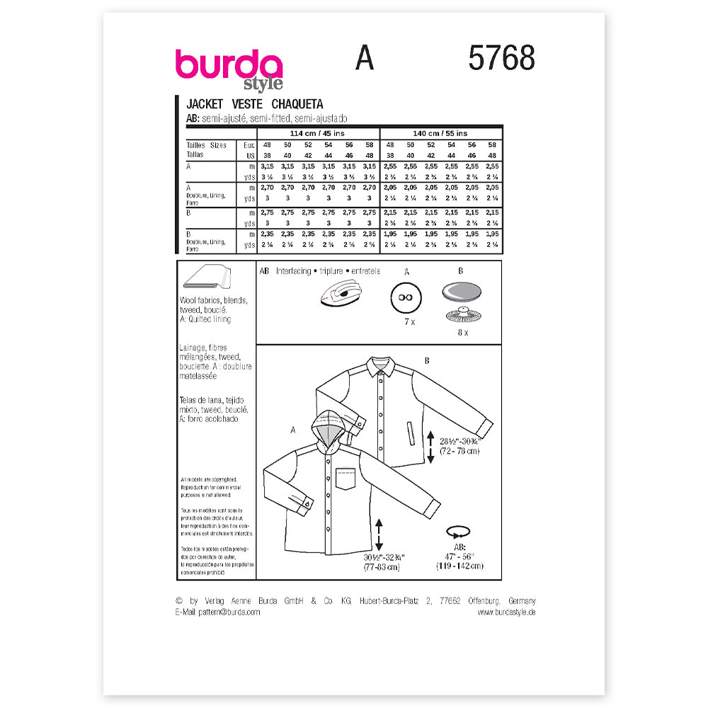 BURDA Sewing Pattern 5768 Men's Jacket – Shirt-Style Jacket With Hood