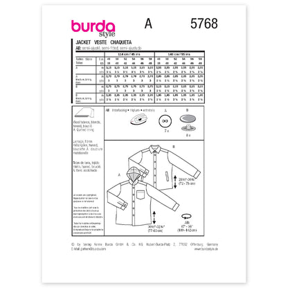 BURDA Sewing Pattern 5768 Men's Jacket – Shirt-Style Jacket With Hood