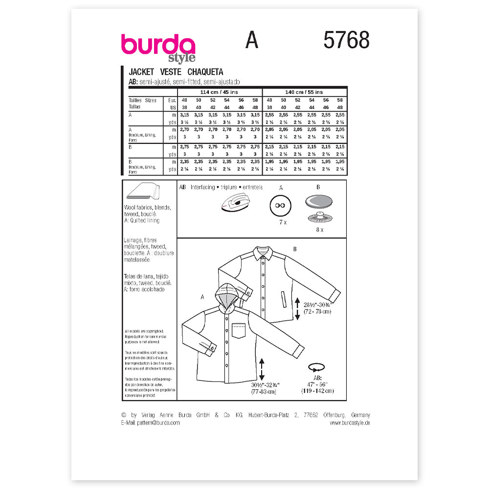 BURDA Sewing Pattern 5768 Men's Jacket – Shirt-Style Jacket With Hood