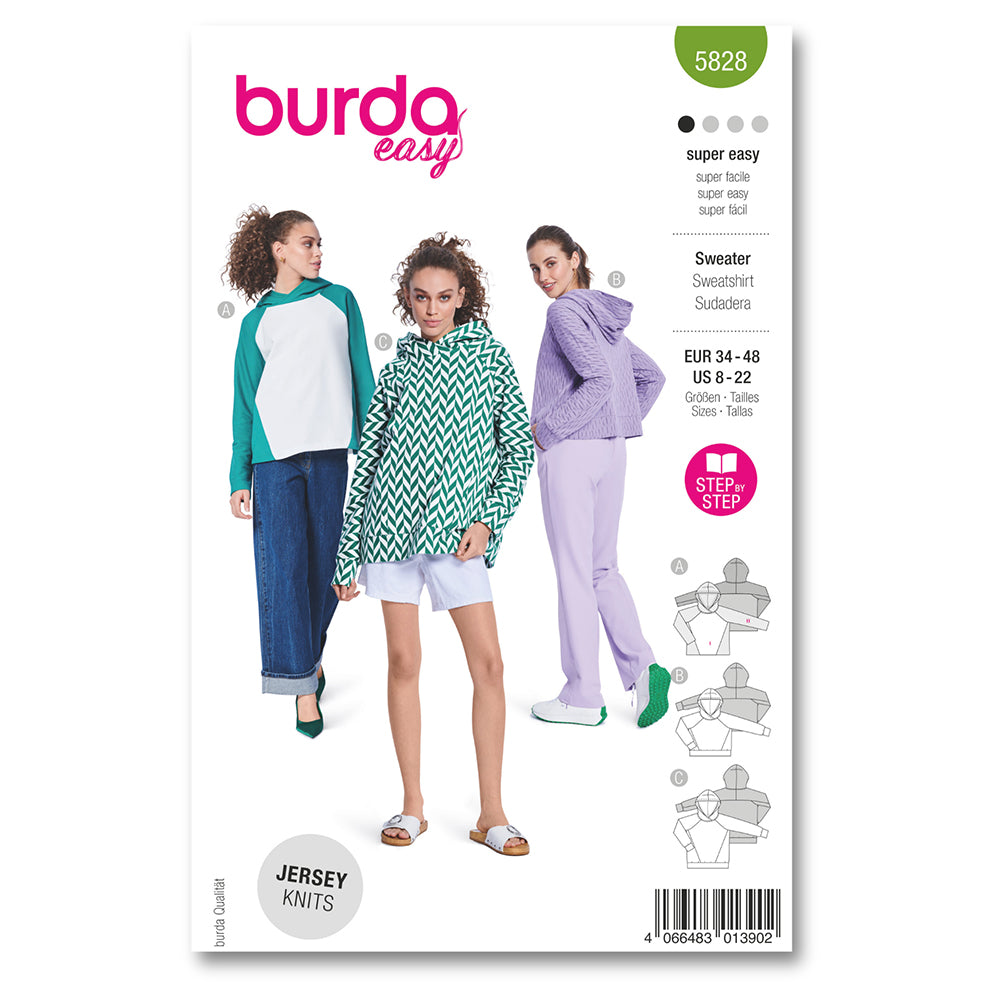 BURDA Sewing Pattern 5828 Sweatshirt & Hoodies, 3 Views