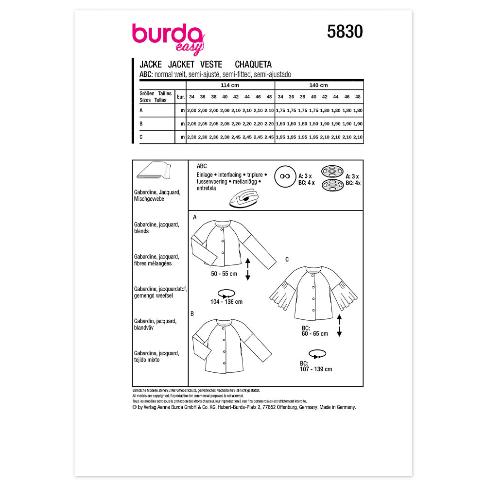 BURDA Sewing Pattern 5830 Misses' Jackets, 3 Variations