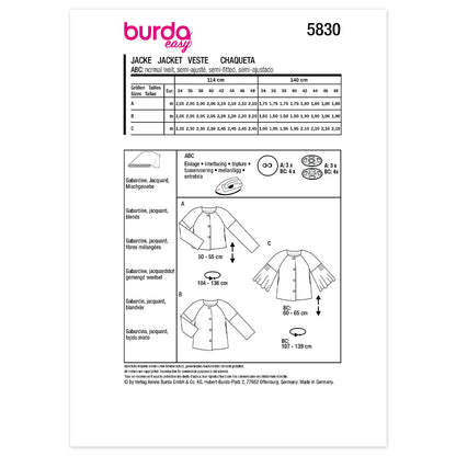 BURDA Sewing Pattern 5830 Misses' Jackets, 3 Variations